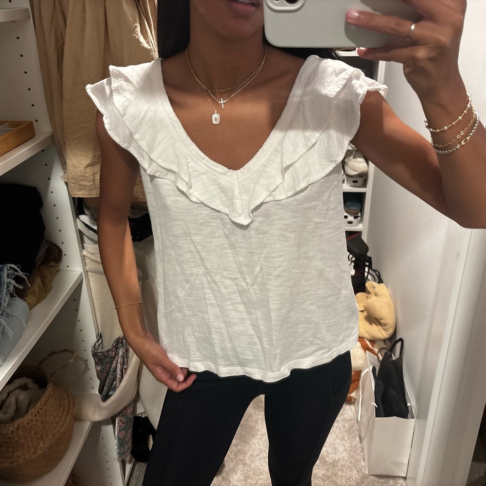White House Black Market White Ruffled V-Neck Blouse